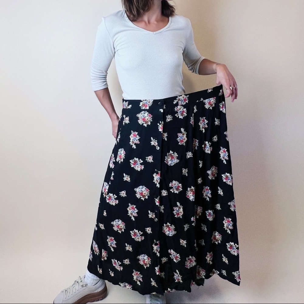 SOLD-90s Dark floral button down maxi skirt